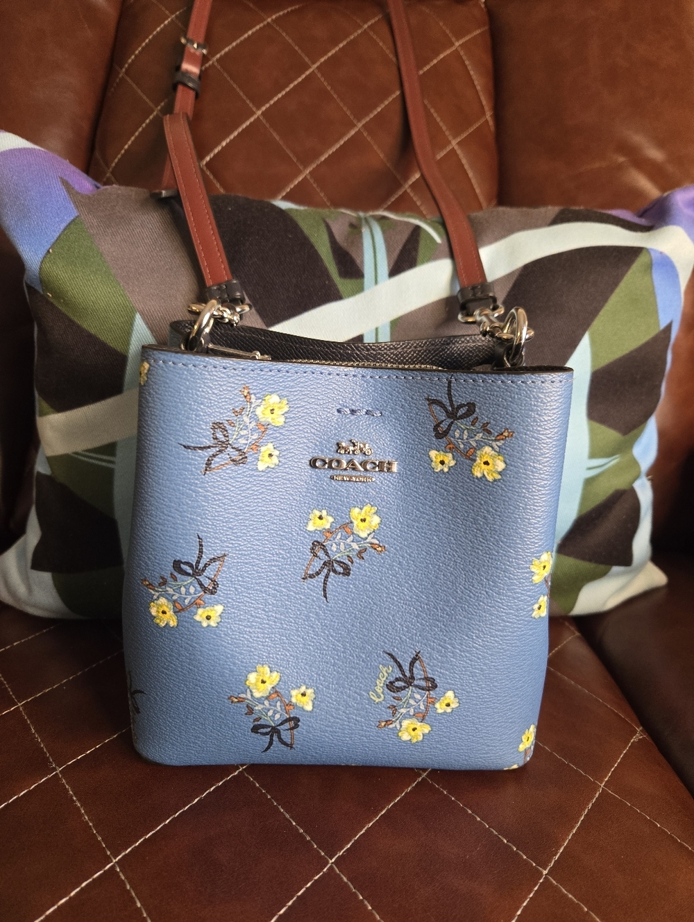 Coach Blue Floral Crossbody with Brown Strap